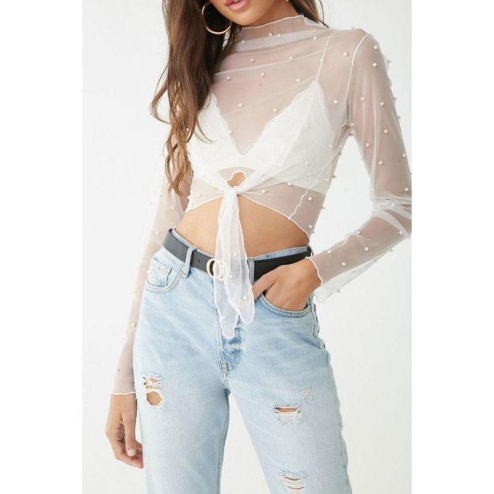 Kikiriki Faux Pearl Beaded Crop Top